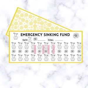 Op de afbeelding: Een afdrukbare noodfonds tracker met een gele rand en een geel bloemenpatroon aan de bovenkant. De tracker bevat illustraties van cactussen en bloemen, met de tekst "EMERGENCY SINKING FUND", "EACH" en "GOAL:" erop gedrukt.
