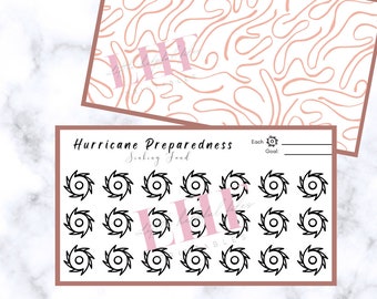 Może przedstawiać: Lista przygotowań do huraganu z 16 czarno-białymi symbolami huraganu. Każdy symbol to koło z wirem w środku. Tekst "Hurricane Preparedness" i "Snacking Food" znajduje się na górze listy. Tekst "Each" i "Goal" znajduje się w prawym górnym rogu listy.