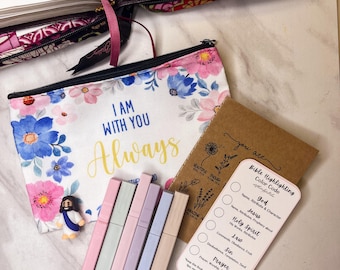 Bible Study Pouch Gift Set: Pastel Highlighters, Scripture Notebook, Tiny Jesus, Bible Color Code