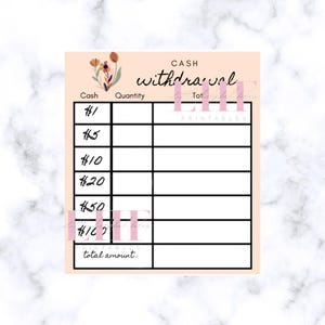 May include: A printable cash withdrawal tracker with a peach background and floral accents. The tracker includes sections for cash denominations from $1 to $100, quantity, and total amount. The text "CASH withdrawal" is at the top.