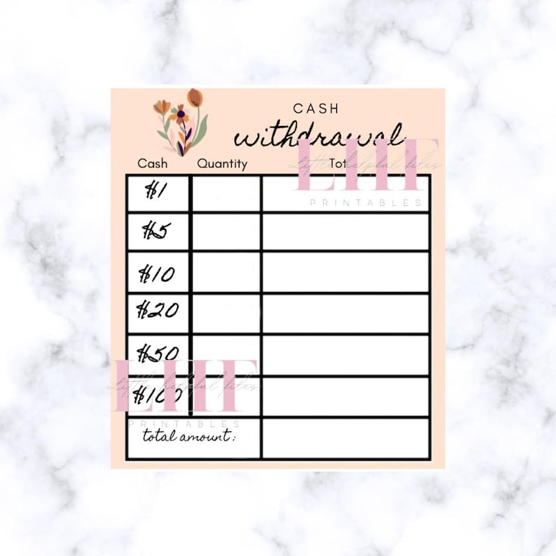 May include: A printable cash withdrawal tracker with a peach background and floral accents. The tracker includes sections for cash denominations from $1 to $100, quantity, and total amount. The text "CASH withdrawal" is at the top.