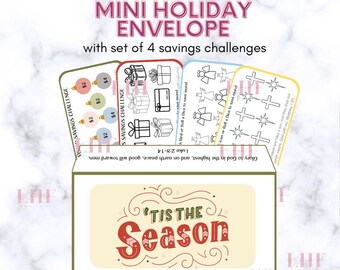 May include: A set of four mini holiday envelopes with a festive "Tis the Season" design. Each envelope includes a savings challenge with a Christmas-themed illustration and a Bible verse.