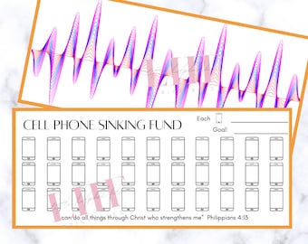 May include: A printable cell phone sinking fund tracker with 36 spaces to track savings. The tracker has a quote: "can do all things through Christ who strengthens me" Philippians 4:13.