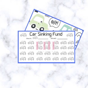 Op de afbeelding: Een printbare auto spaarplan tracker met een zwart-wit auto-icoon dat 36 keer wordt herhaald. De tracker heeft ruimte om het bedrag voor elke auto en het doelbedrag in te vullen. De titel van de tracker is "Auto spaarplan".