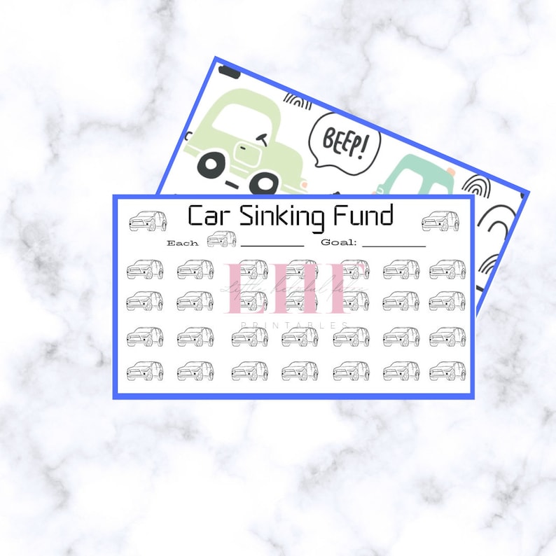 Op de afbeelding: Een printbare auto spaarplan tracker met een zwart-wit auto-icoon dat 36 keer wordt herhaald. De tracker heeft ruimte om het bedrag voor elke auto en het doelbedrag in te vullen. De titel van de tracker is "Auto spaarplan".