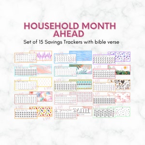 May include: A set of 15 printable savings trackers with colourful backgrounds and bible verses. Each tracker features a grid with 30 circles for tracking savings goals. The trackers are designed to help people save money for various purposes, such as groceries, utilities, and emergency funds.