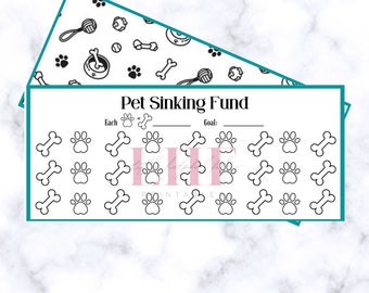May include: A printable pet sinking fund tracker with a black and white paw print and bone design. The tracker has spaces to write in the amount of each deposit and the goal amount.