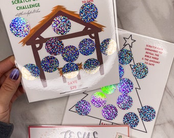 Advent Scratch Off Savings Challenge: Bible Verse, Manger or Tree