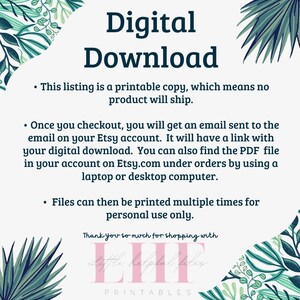Op de afbeelding: Digitale download-afbeelding met groene tropische bladeren en roze tekst die "Digitale download" luidt. De tekst hieronder legt uit dat deze vermelding een afdrukbare kopie is en niet wordt verzonden. Er wordt ook uitgelegd hoe je het bestand na aankoop kunt downloaden.