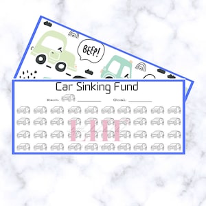 Puede incluir: Un rastreador de fondos para la compra de un coche imprimible con una línea de objetivo y una cuadrícula de 60 pequeños iconos de coches. El título es "Car Sinking Fund" con las palabras "Each" y "Goal" etiquetadas encima de las líneas.