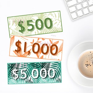 1k Prop Money Place Holder Botanical | 100 500 1k 5k Fun Cash Placeholder | Money Prop Money | Tropical Place Holders | Cute Play Money