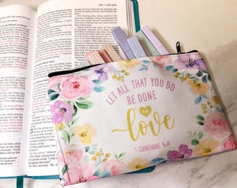 Floral Faith Zipper Pouch: Canvas Bible Study & Makeup Bag