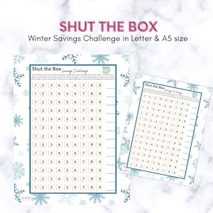 May include: Two white and blue "Shut the Box" Winter Savings Challenge sheets. The sheets have a grid of numbers from 1 to 9. The text "Winter Savings Challenge in Letter & A5 size" is at the top.