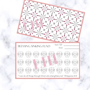 May include: A printable blessing sinking fund tracker with a black and white illustration of two hands holding a cross. The tracker has 24 spaces to track savings with the quote "I can do all things through Christ who strengthens me" Philippians 4:13.
