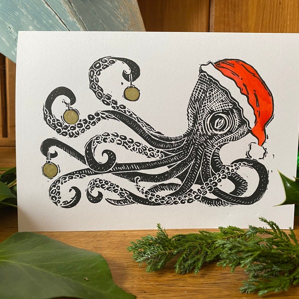 Handprinted & Hand painted Lino Octopus Christmas Card