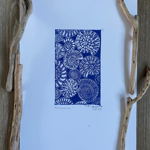 Original Handmade Lino Cut Ammonite Design Print