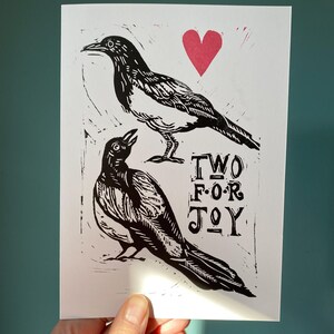 Lino printed Magpie Valentines Card