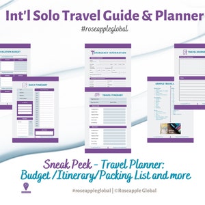 May include: A travel planner with purple detailing, showing pages for vacation budgets, daily itineraries, emergency information, and travel journals. Text includes "Int'l Solo Travel Guide & Planner" and "Sneak Peek - Travel Planner: Budget/Itinerary/Packing List and more."