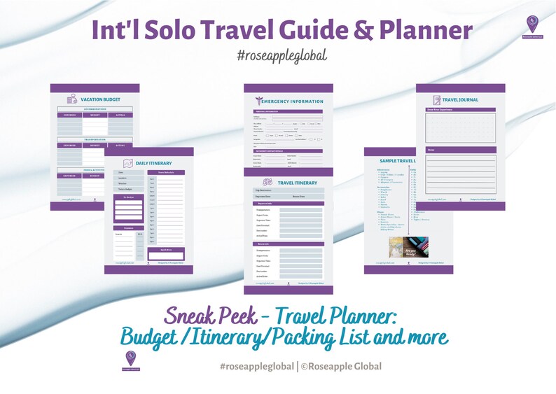 May include: A travel planner with purple detailing, showing pages for vacation budgets, daily itineraries, emergency information, and travel journals. Text includes "Int'l Solo Travel Guide & Planner" and "Sneak Peek - Travel Planner: Budget/Itinerary/Packing List and more."
