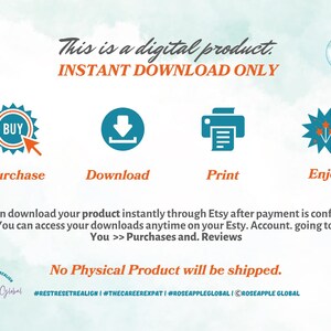 May include: Digital product graphic with the text "This is a digital product. INSTANT DOWNLOAD ONLY." Features icons for purchase, download, print, and enjoy. The text states that no physical product will be shipped.