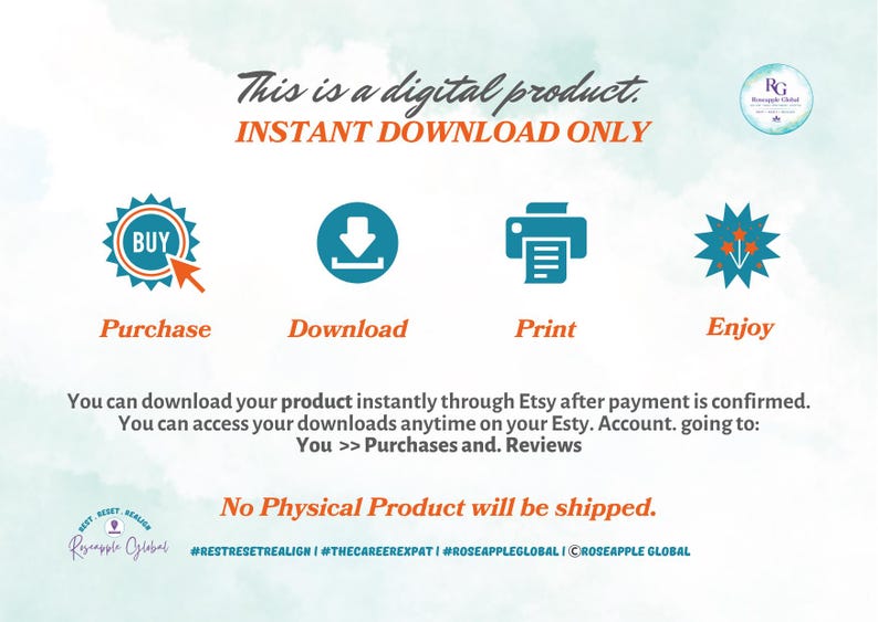 May include: Digital product graphic with the text "This is a digital product. INSTANT DOWNLOAD ONLY." Features icons for purchase, download, print, and enjoy. The text states that no physical product will be shipped.