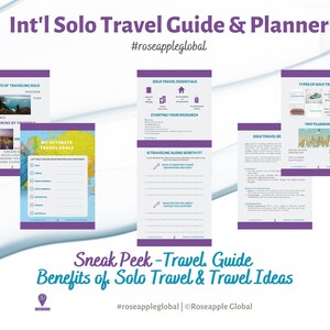 May include: A preview of a solo travel guide and planner with a white background. The guide includes sections on solo travel essentials, benefits, and trip planning. Text includes "Int'l Solo Travel Guide & Planner" and "Sneak Peek - Travel Guide Benefits of Solo Travel & Travel Ideas."