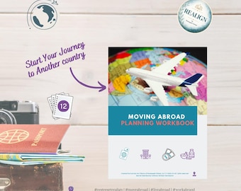 May include: A travel-themed image featuring a passport, a vintage suitcase, and a workbook titled "Moving Abroad Planning Workbook." A toy airplane sits atop a world map, with the text "Start Your Journey to Another country."