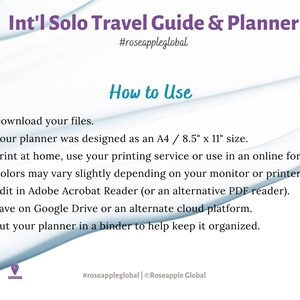 May include: A digital travel planner with the text "Int'l Solo Travel Guide & Planner" and "How to Use" instructions. The planner is designed for A4 / 21.6cm x 27.9cm size. Instructions include downloading files, printing, and editing in Adobe Acrobat Reader.