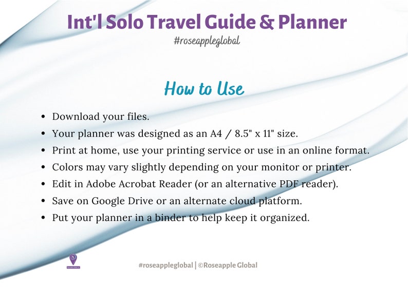 May include: A digital travel planner with the text "Int'l Solo Travel Guide & Planner" and "How to Use" instructions. The planner is designed for A4 / 21.6cm x 27.9cm size. Instructions include downloading files, printing, and editing in Adobe Acrobat Reader.