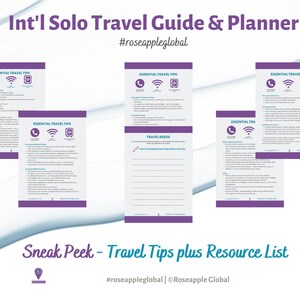 May include: A sneak peek at a solo travel guide and planner, featuring essential travel tips and a resource list. The text includes the title "Int'l Solo Travel Guide & Planner" and the hashtag "#roseappleglobal". The design uses purple and white colours.