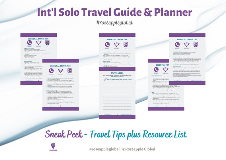 May include: A sneak peek at a solo travel guide and planner, featuring essential travel tips and a resource list. The text includes the title "Int'l Solo Travel Guide & Planner" and the hashtag "#roseappleglobal". The design uses purple and white colours.