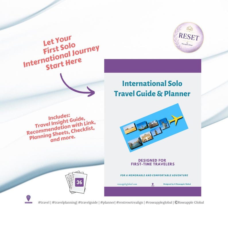 May include: A travel guide and planner titled "International Solo Travel Guide & Planner" with a purple and white design. The guide includes travel insights, recommendations, planning sheets, and checklists. The cover features images of travel destinations and a yellow airplane.