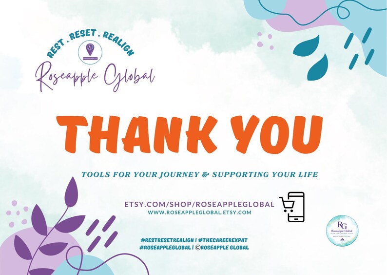 May include: A graphic with the words "THANK YOU" in orange, with the text "TOOLS FOR YOUR JOURNEY & SUPPORTING YOUR LIFE". The image includes the Etsy shop name "Roseapple Global" and social media hashtags.