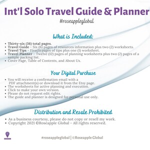 May include: Digital solo travel guide and planner with the text "Int'l Solo Travel Guide & Planner" and "#roseappleglobal". Includes travel guide, tips, and planner pages. The guide is designed for personal use only.