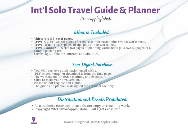 May include: Digital solo travel guide and planner with the text "Int'l Solo Travel Guide & Planner" and "#roseappleglobal". Includes travel guide, tips, and planner pages. The guide is designed for personal use only.