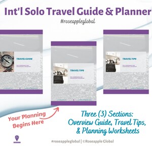 May include: A travel guide and planner titled "Int'l Solo Travel Guide & Planner" with the hashtag "#roseappleglobal". It's divided into three sections: Overview Guide, Travel Tips, and Planning Worksheets. The cover images show a compass, luggage, and a road.
