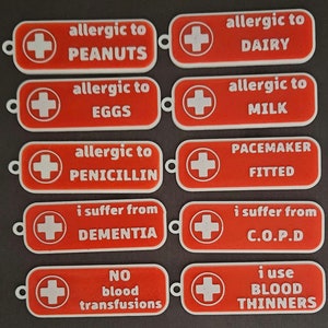 Medical Alert Keychains - Custom 3D Printed, Red with White Text