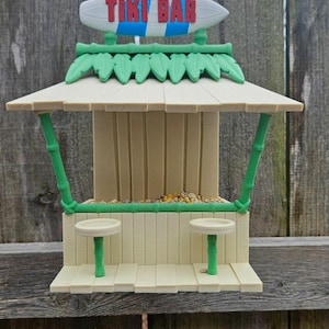 Handcrafted Tiki Bar Birdhouse - Wood-Colored with Green Accents & Surfboard &#39;Tiki Bar&#39; Sign - Unique Garden Decor