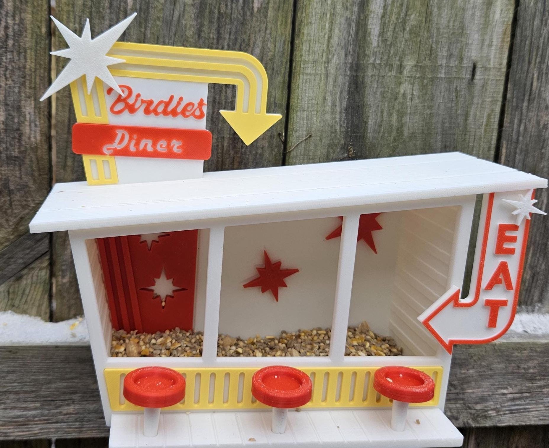 Retro 60's Diner Birdhouse - Unique Handcrafted Birdhouse with Barstools, 'EAT' Sign, and Vibrant Red & Yellow Design
