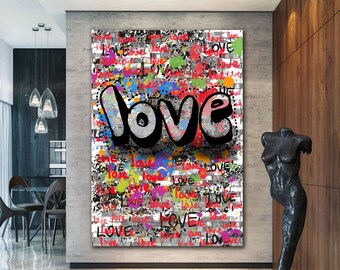 Love Graffiti Pop Art Canvas, Banksy Style Poster, Colorful Love Pop Art Print, Christmas Gift, Digital Drawing Poster