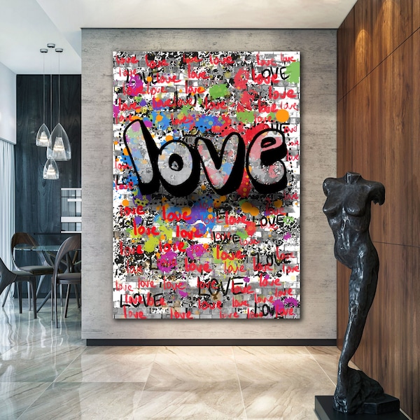 Toile Pop Art Love graffiti, affiche style Banksy, impression Pop Art amour coloré, cadeau de Noël, affiche dessin numérique