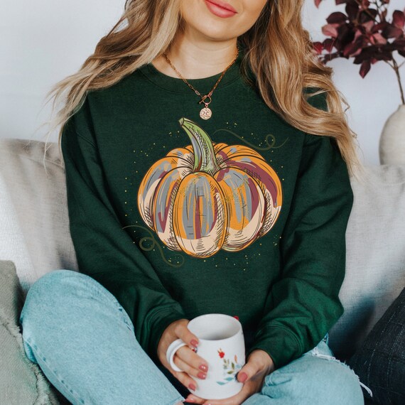 Fall Pumpkin Sweatshirt, Halloween Sweatshirt in Green, Cute