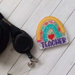 Personalized Teacher ruler rainbow lanyard-sparkly white glitter-pencil & heart