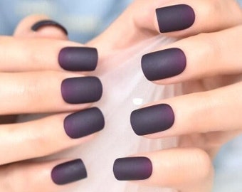 Glue On Press On Nails - Short Rounded Square- Ombre Dark Purple and Black Matte