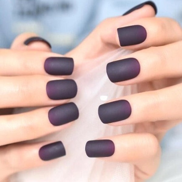 Glue On Press On Nails - Short Rounded Square- Ombre Dark Purple and Black Matte