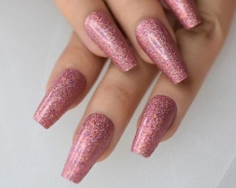 Glue On Press On Nails - Long Ballerina/Coffin - Medium Pink Glitter