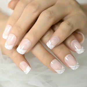 Glue On Press On Nails Short-Medium Rounded Square French Sheer Nude with White and Glitter Tips image 4