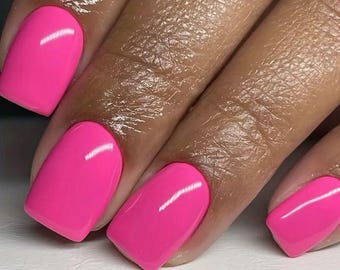 Glue On Press On Nails - Short Rounded Square - Hot Pink