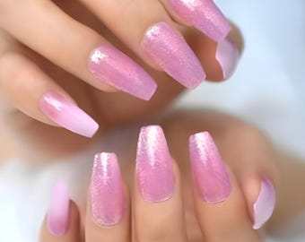 Glue On Press On Nails - Long Ballerina/Coffin - Dark Pink French Ombre and Glitter