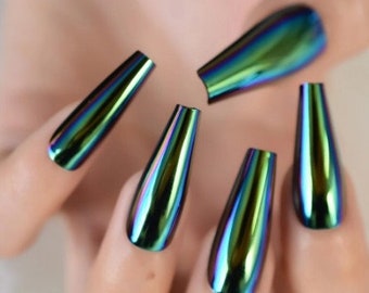 Glue On Press On Nails - Extra Long Ballerina/Coffin - Green Chrome/Holographic